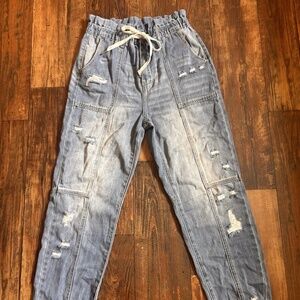 Risen NEW 3/26 High Waisted Draw String Distressed Paper Bag Blue Jeans